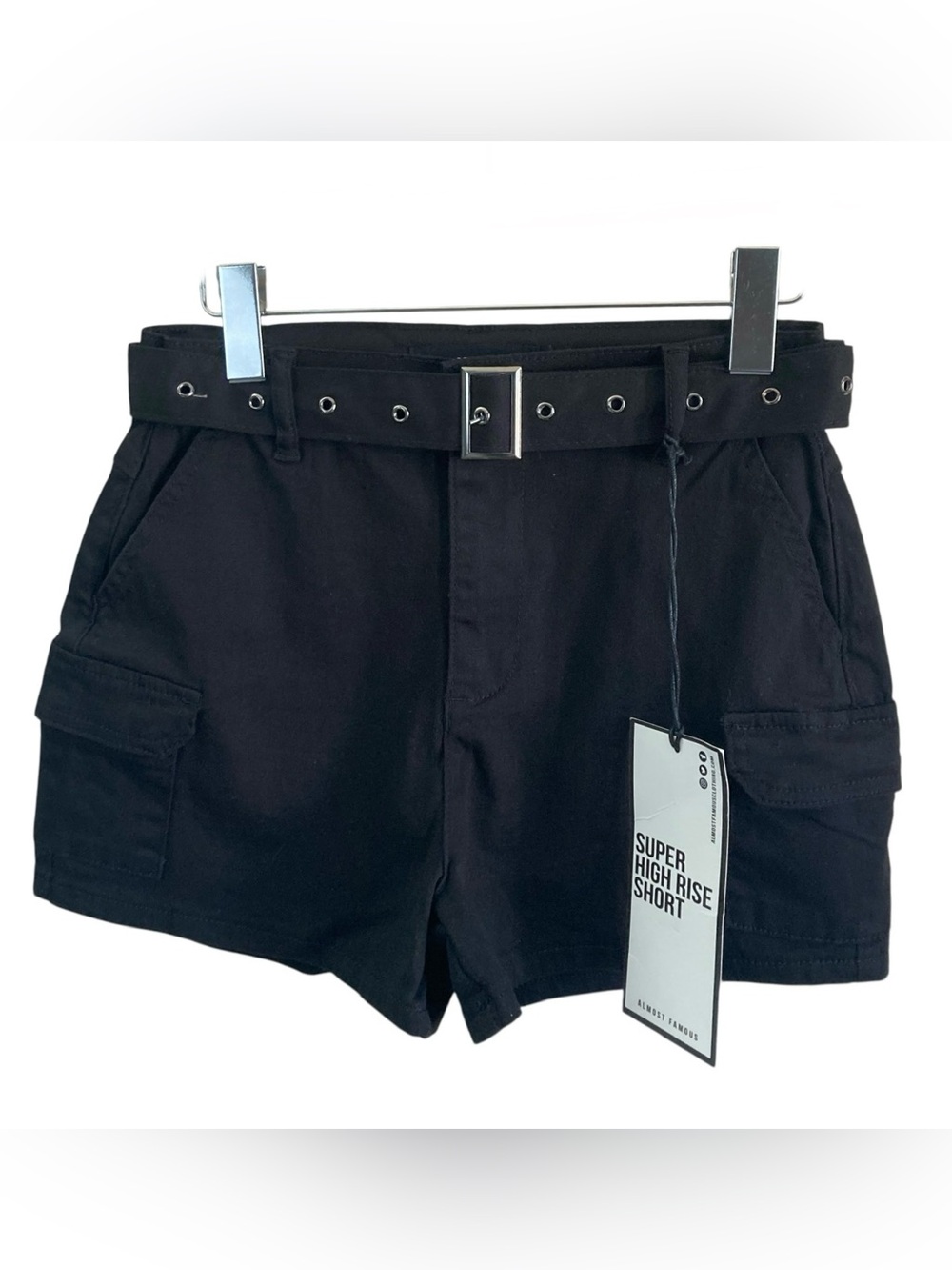 NWT Almost Famous Black High Waist Utility Cargo Pocket Shorts with Grommet Belt